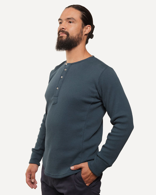 Made in Canada, Heritage Henley from 18 Waits — a Sustainable Men's clothing brand offering Vintage Inspired menswear and Rock and Roll Fashion. A refined Imogene and Willie alternative for those who value quality and character.
