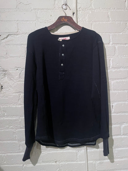 Made in Canada, the Navy Micro Waffle Vintage Heritage Henley from 18 Waits, a sustainable menswear brand known for vintage-inspired style and rock and roll fashion—an Imogene and Willie alternative focused on quality and character.