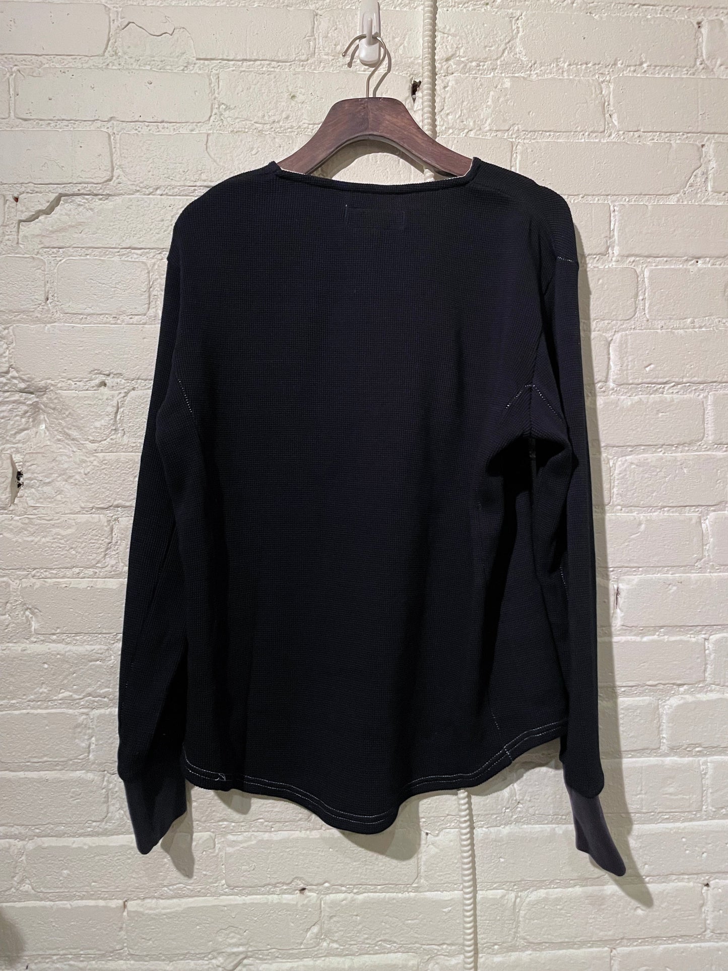 Made in Canada, the Navy Micro Waffle Vintage Heritage Henley from 18 Waits, a sustainable menswear brand known for vintage-inspired style and rock and roll fashion—an Imogene and Willie alternative focused on quality and character.