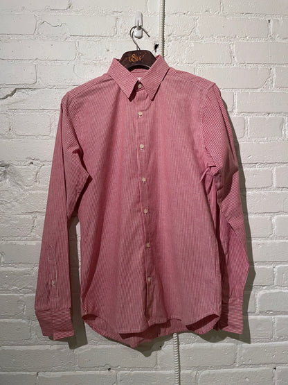 Made in Canada, The Red Pinstripe Vintage Dylan from 18 Waits, a sustainable menswear brand known for vintage-inspired style and rock and roll fashion—an Imogene and Willie alternative focused on quality and character.