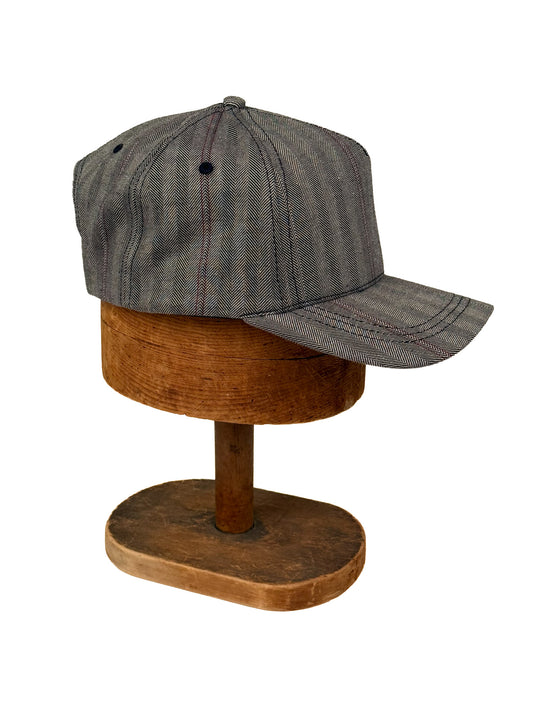 Snapback Baseball Cap | Denim Herringbone with Red Stripes
