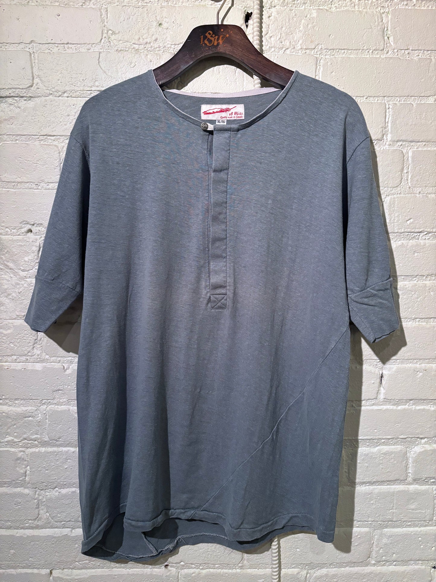 Made in Canada, Pale Turquoise Vintage Heritage Henley from 18 Waits, a sustainable menswear brand known for vintage-inspired style and rock and roll fashion—an Imogene and Willie alternative focused on quality and character.