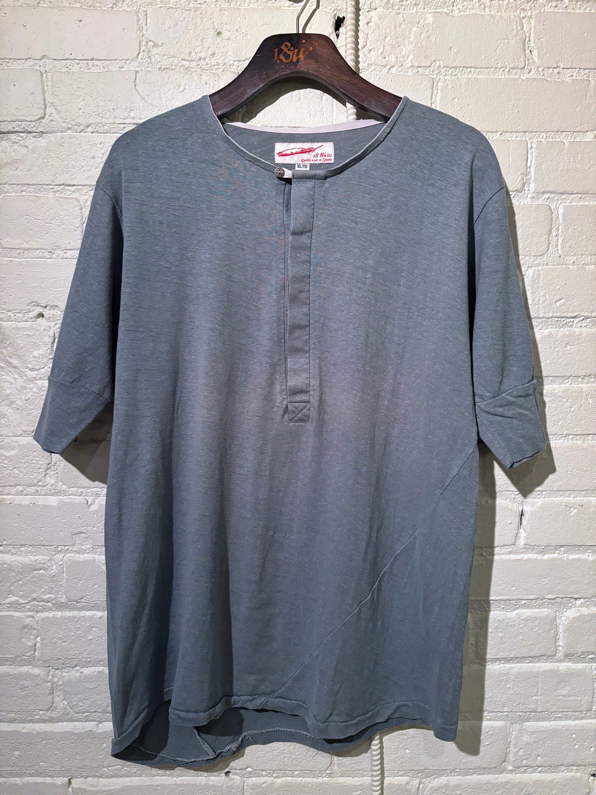 Made in Canada, Pale Turquoise Vintage Heritage Henley from 18 Waits, a sustainable menswear brand known for vintage-inspired style and rock and roll fashion—an Imogene and Willie alternative focused on quality and character.