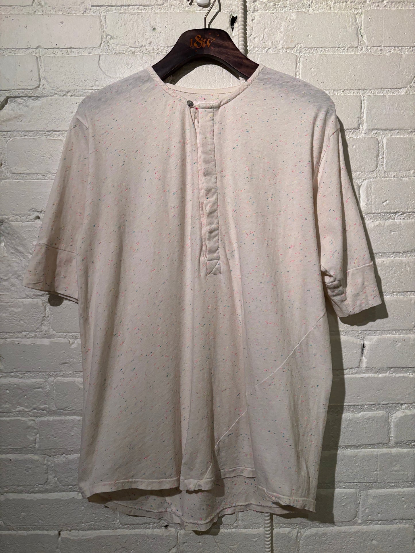 Made in Canada, Natural Confetti Vintage Heritage Henley from 18 Waits, a sustainable menswear brand known for vintage-inspired style and rock and roll fashion—an Imogene and Willie alternative focused on quality and character.