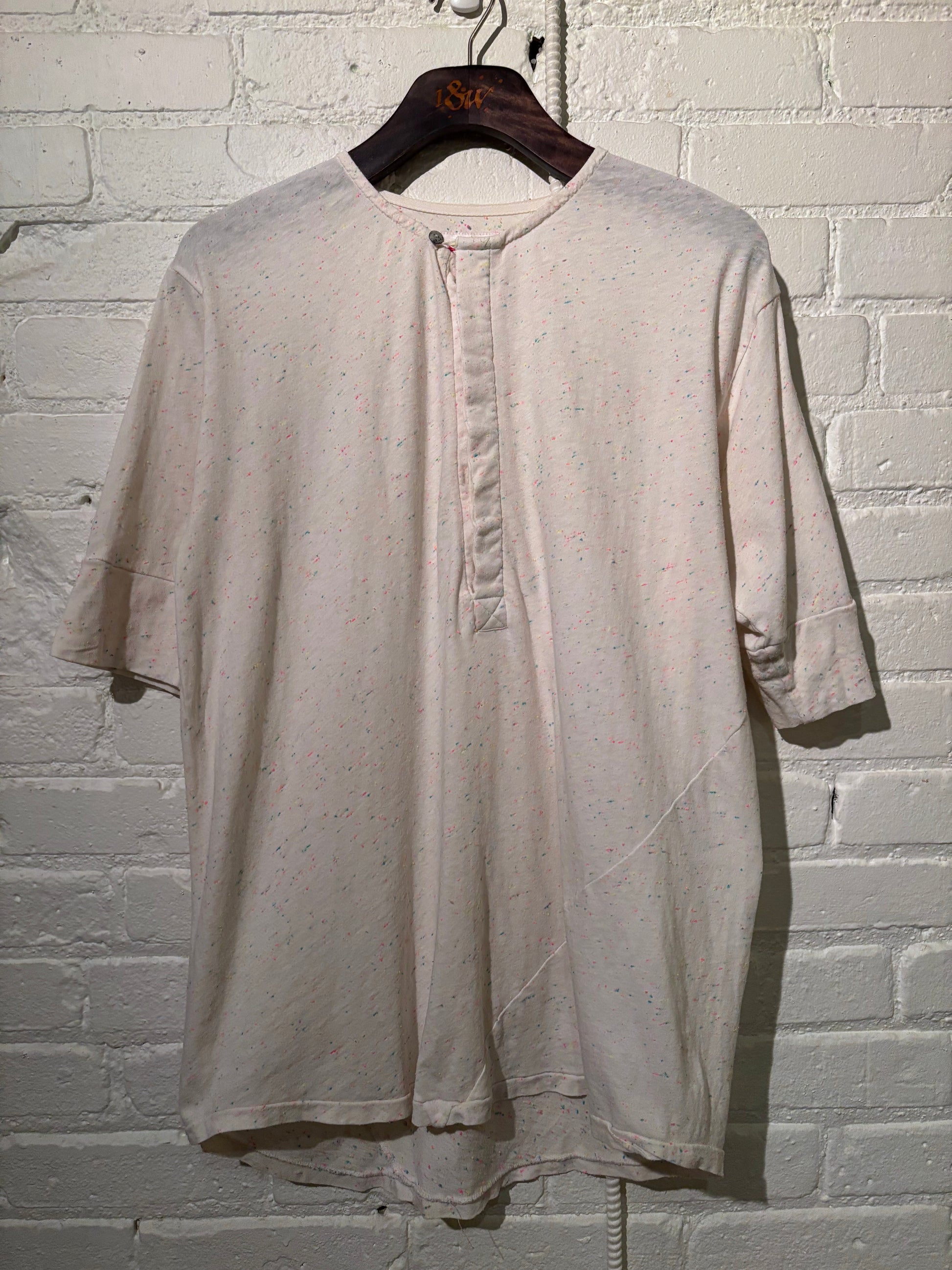Made in Canada, Natural Confetti Vintage Heritage Henley from 18 Waits, a sustainable menswear brand known for vintage-inspired style and rock and roll fashion—an Imogene and Willie alternative focused on quality and character.