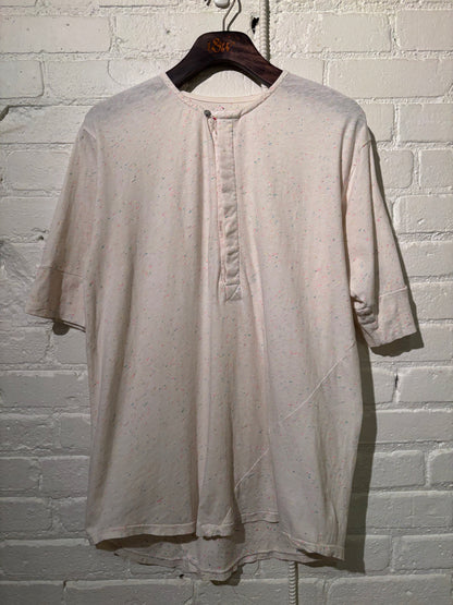 Made in Canada, Natural Confetti Vintage Heritage Henley from 18 Waits, a sustainable menswear brand known for vintage-inspired style and rock and roll fashion—an Imogene and Willie alternative focused on quality and character.