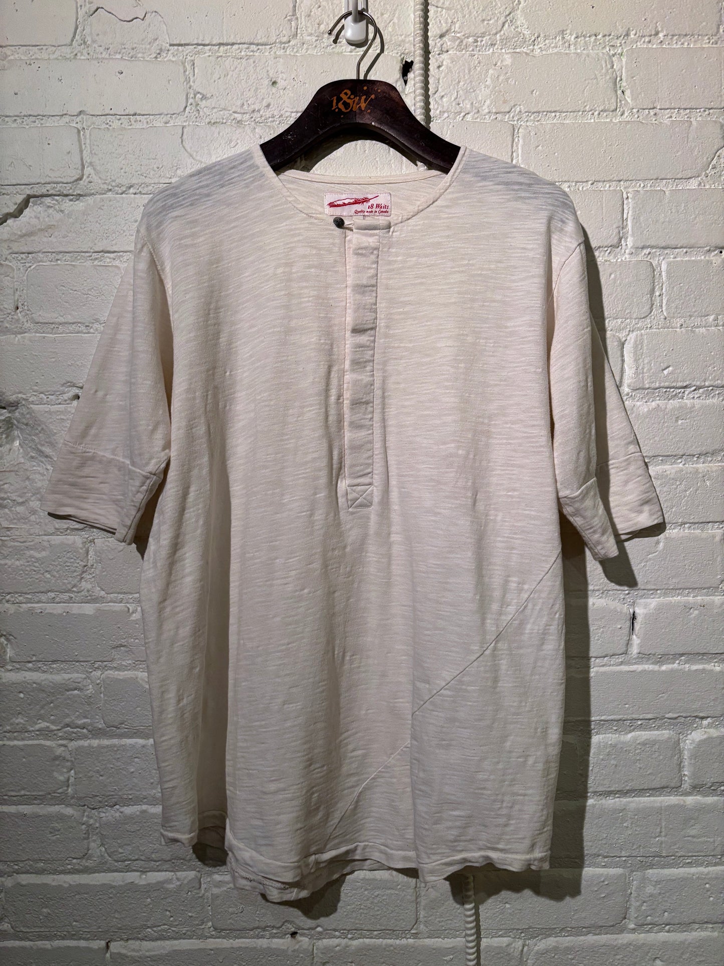 Made in Canada, Grey Vintage Heritage Henley from 18 Waits, a sustainable menswear brand known for vintage-inspired style and rock and roll fashion—an Imogene and Willie alternative focused on quality and character.