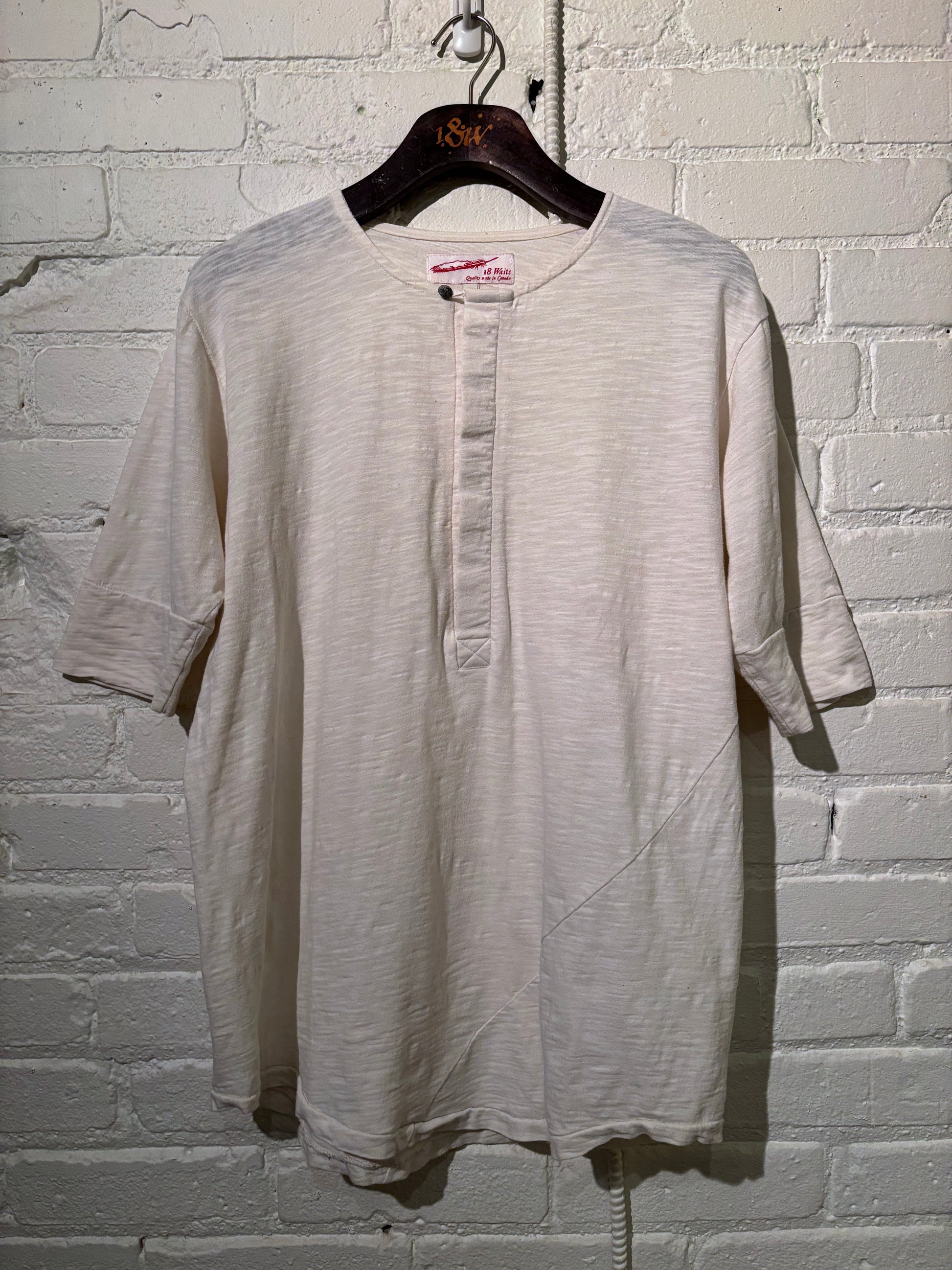 Made in Canada, Grey Vintage Heritage Henley from 18 Waits, a sustainable menswear brand known for vintage-inspired style and rock and roll fashion—an Imogene and Willie alternative focused on quality and character.
