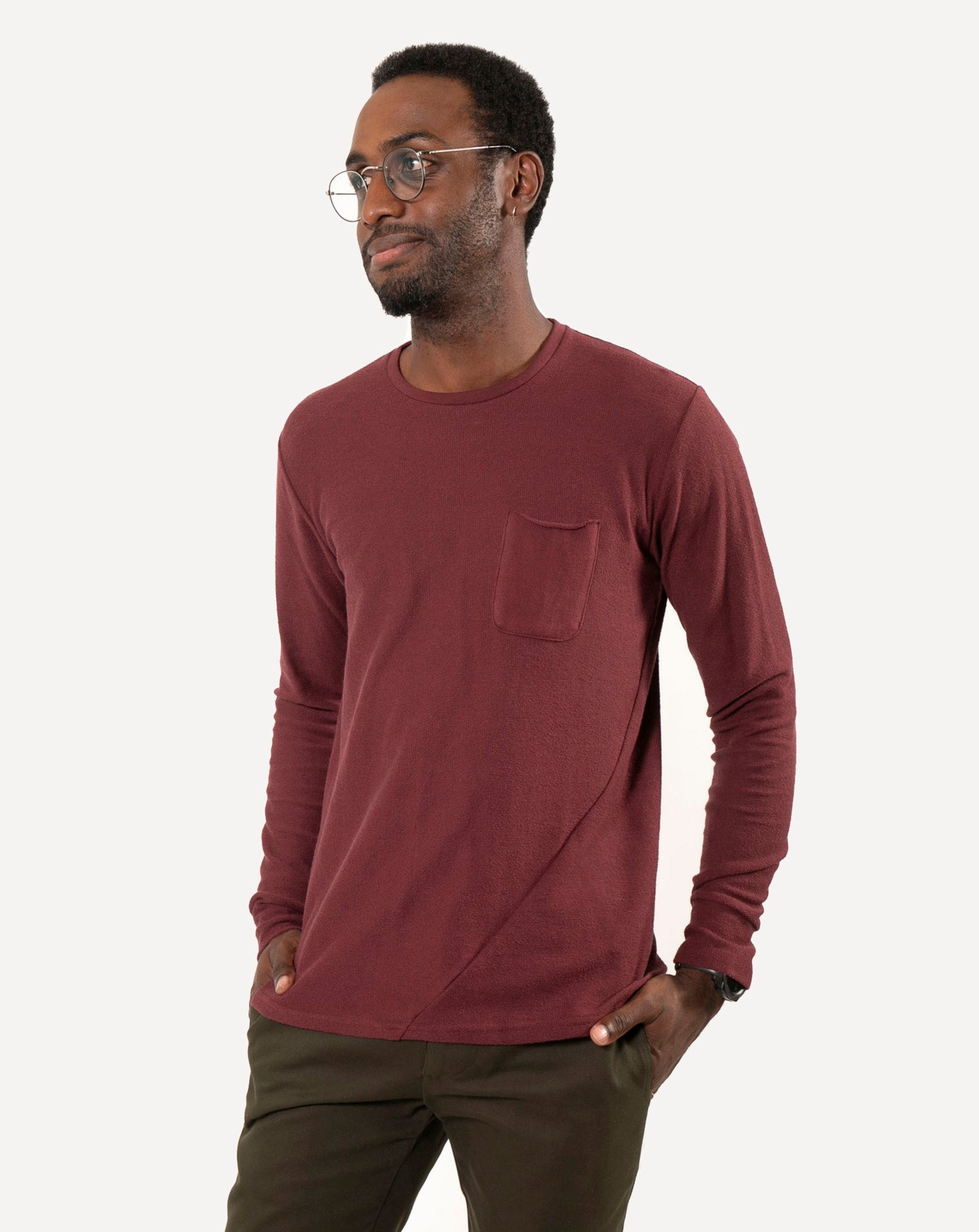 Long Sleeve Pocket Tee | Two-Tone Maroon Terry