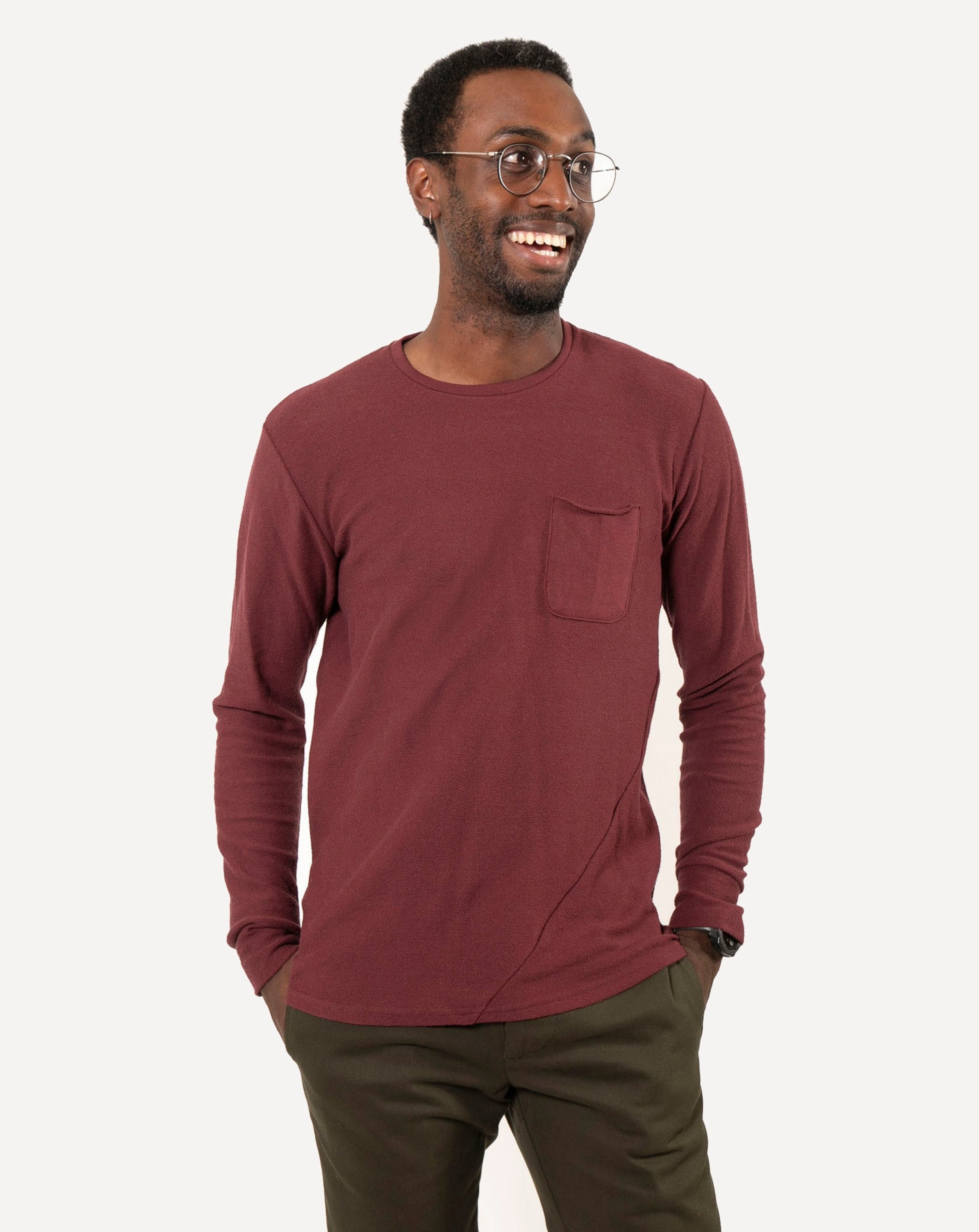 Long Sleeve Pocket Tee | Two-Tone Maroon Terry