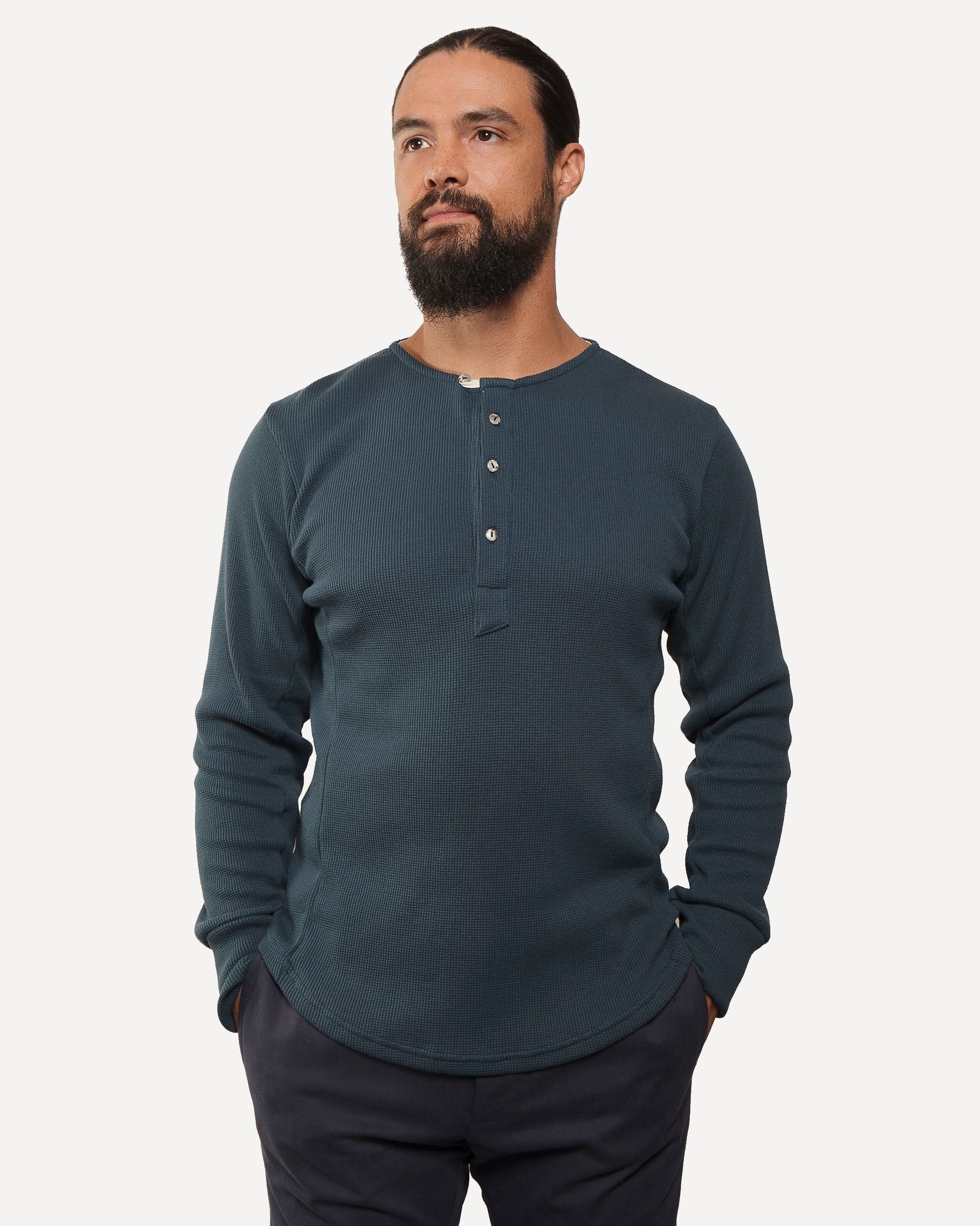 Made in Canada, Heritage Henley from 18 Waits — a Sustainable Men's clothing brand offering Vintage Inspired menswear and Rock and Roll Fashion. A refined Imogene and Willie alternative for those who value quality and character.