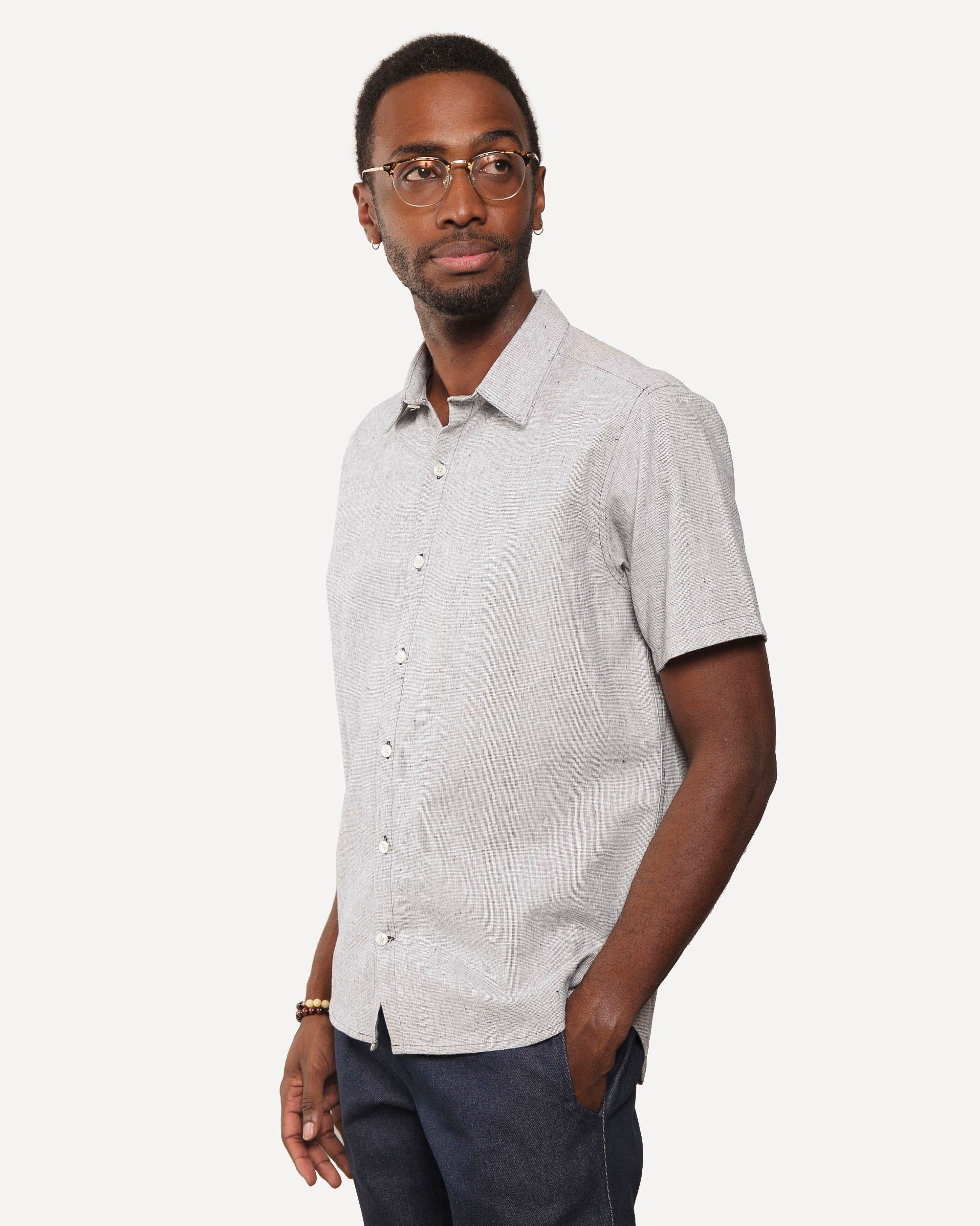 Short Sleeve Dylan Shirt | Indigo Linen Hatches