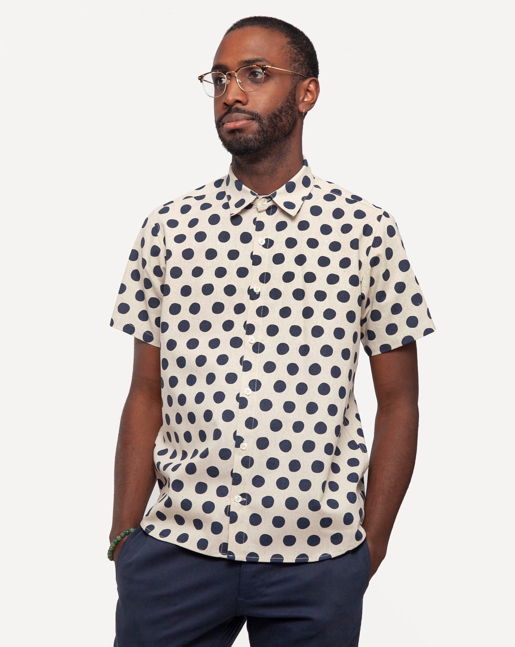 Short Sleeve Dylan Shirt | Tipsy Linen Dots - Natural Navy