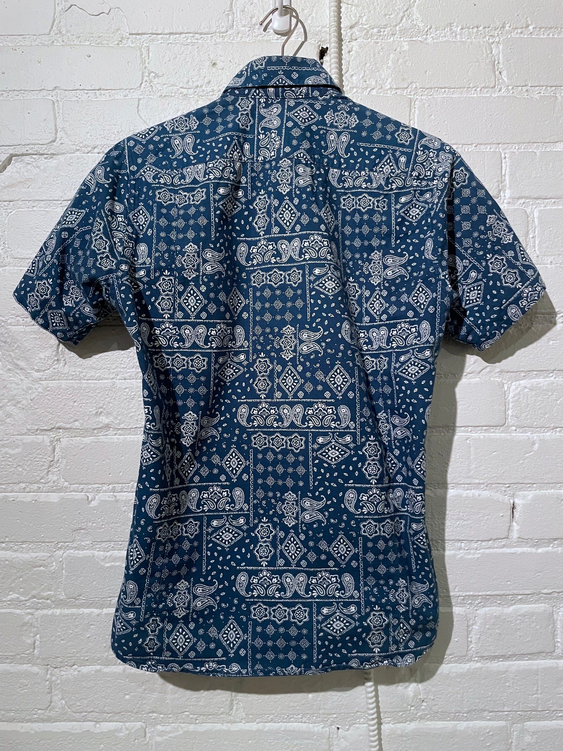 Made in Canada, The Indigo Paisley Vintage Short Sleeve Dylan from 18 Waits, a sustainable menswear brand known for vintage-inspired style and rock and roll fashion—an Imogene and Willie alternative focused on quality and character.