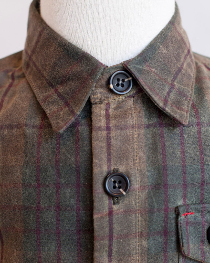 Kids Olive Plaid Waxed Cotton Jacket - front detail