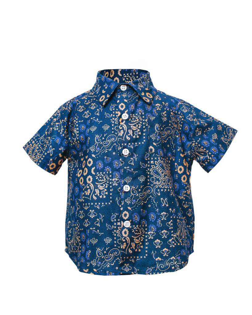 Kids Short Sleeve Button Up Shirt Indigo Patchwork - front