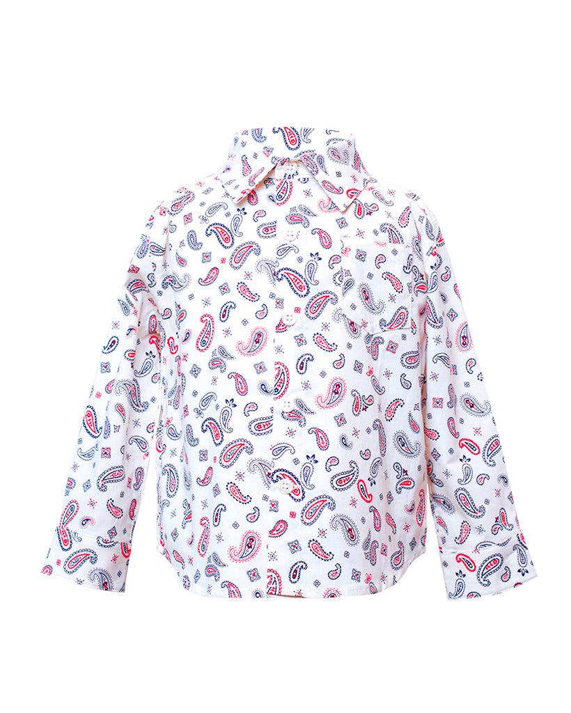Kids Long Sleeve Button Up White Paisley print - front
