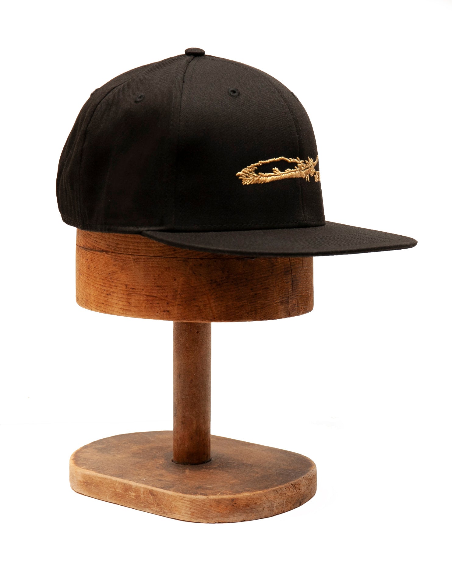 Flat Bill Snapback Cap | Gold Feather Logo on Black