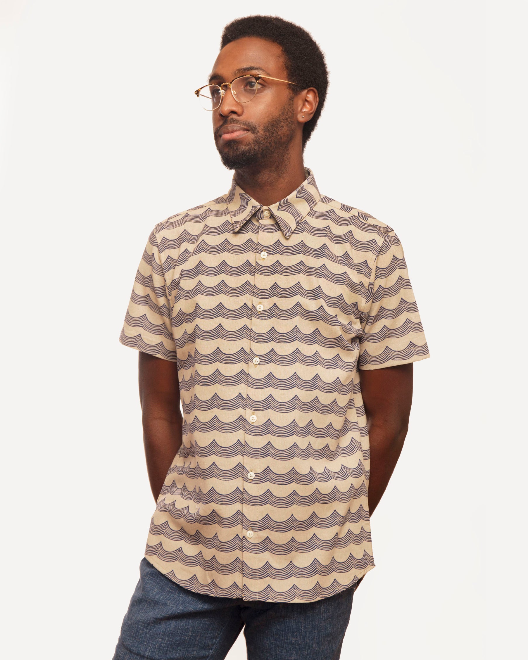Short Sleeve Dylan Shirt | Navy Linen Waves