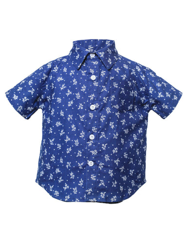 Kids Short Sleeve Button Up Shirt Indigo Floral Print - front