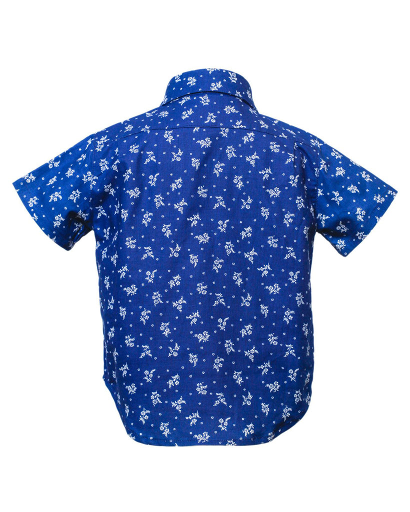 Kids Short Sleeve Button Up Shirt Indigo Floral Print - back